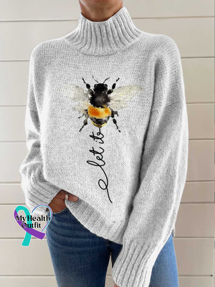 Let It Bee Art Print Knit Turtleneck Pullover Sweater White / S
