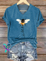 Let It Bee Art Print V-neck Casual Cotton T-Shirt Blue / S