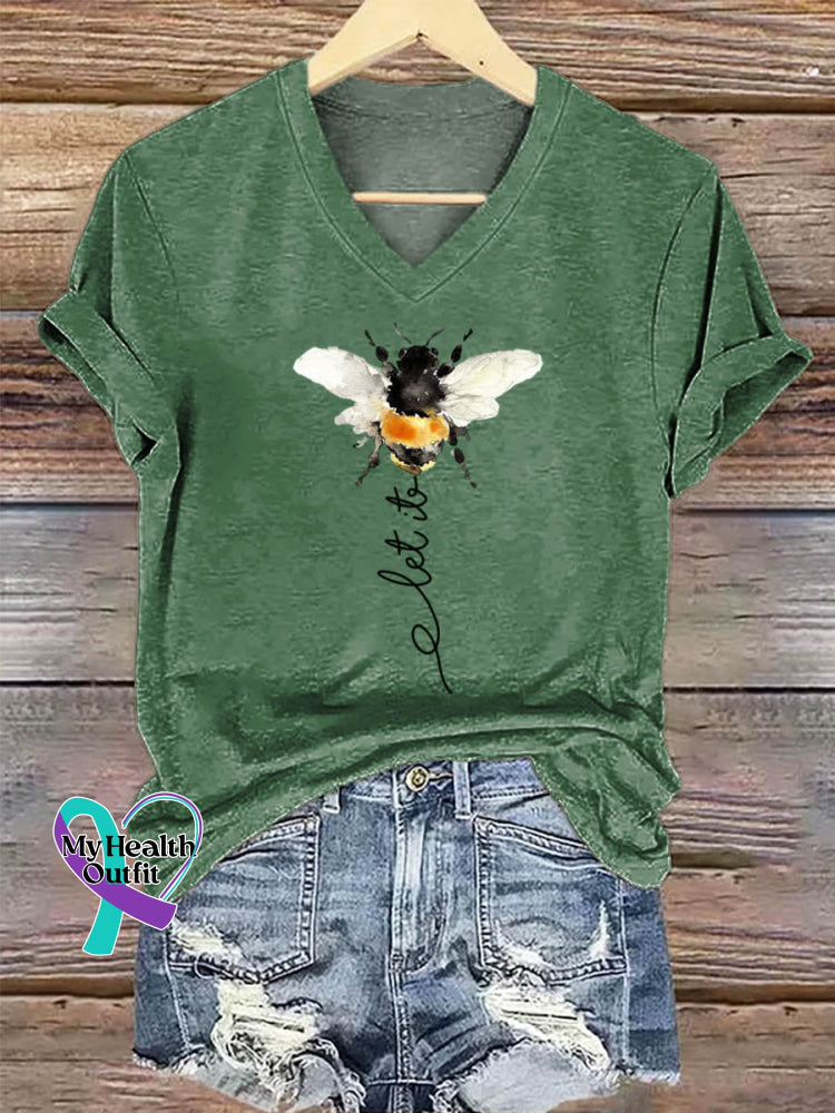 Let It Bee Art Print V-neck Casual Cotton T-Shirt DarkGreen / S