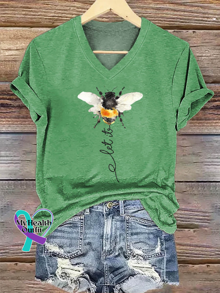 Let It Bee Art Print V-neck Casual Cotton T-Shirt Green / S
