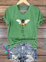 Let It Bee Art Print V-neck Casual Cotton T-Shirt Green / S
