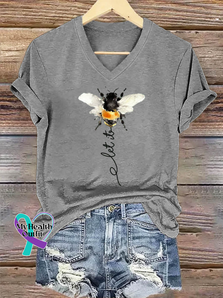 Let It Bee Art Print V-neck Casual Cotton T-Shirt Grey / S