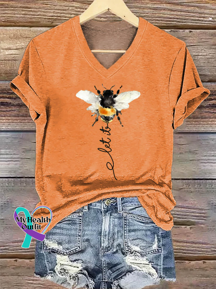 Let It Bee Art Print V-neck Casual Cotton T-Shirt Orange / S