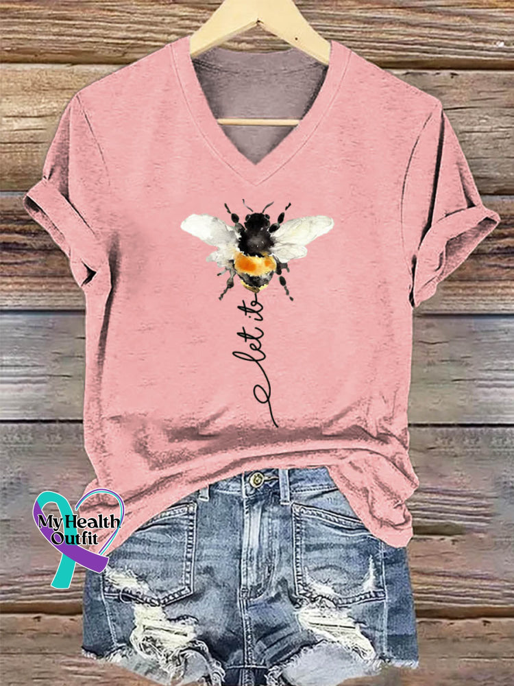 Let It Bee Art Print V-neck Casual Cotton T-Shirt Pink / S