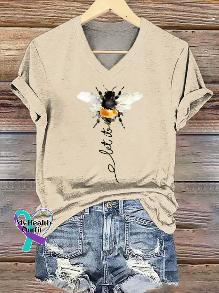 Let It Bee Art Print V-neck Casual Cotton T-Shirt Sand / S