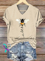 Let It Bee Art Print V-neck Casual Cotton T-Shirt Sand / S