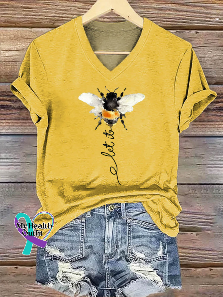 Let It Bee Art Print V-neck Casual Cotton T-Shirt Yellow / S