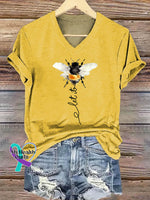 Let It Bee Art Print V-neck Casual Cotton T-Shirt Yellow / S