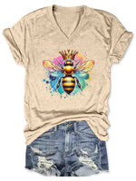 Let It Bee Art V-neck Casual T-Shirt Apricot / S