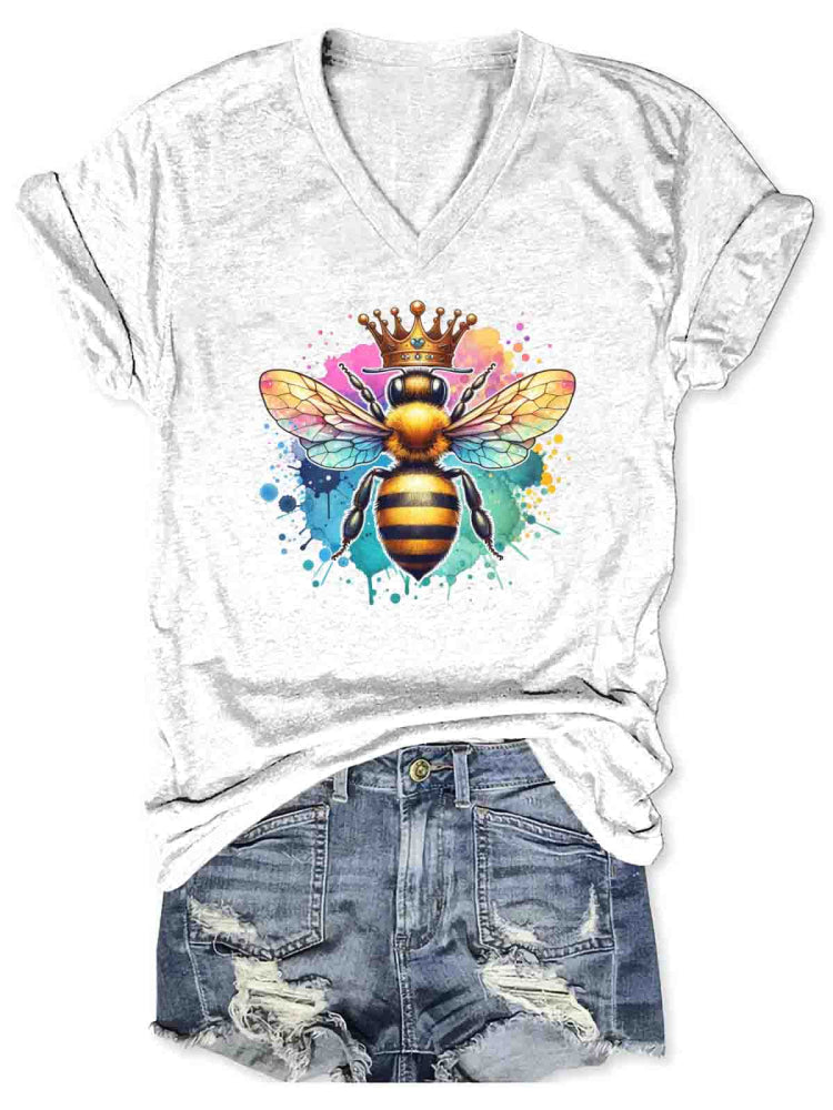 Let It Bee Art V-neck Casual T-Shirt White / S