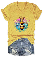 Let It Bee Art V-neck Casual T-Shirt Yellow / S