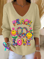 Love and Peace Art Casual Pullover Sweater Apricot / S