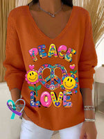 Love and Peace Art Casual Pullover Sweater Orange / S