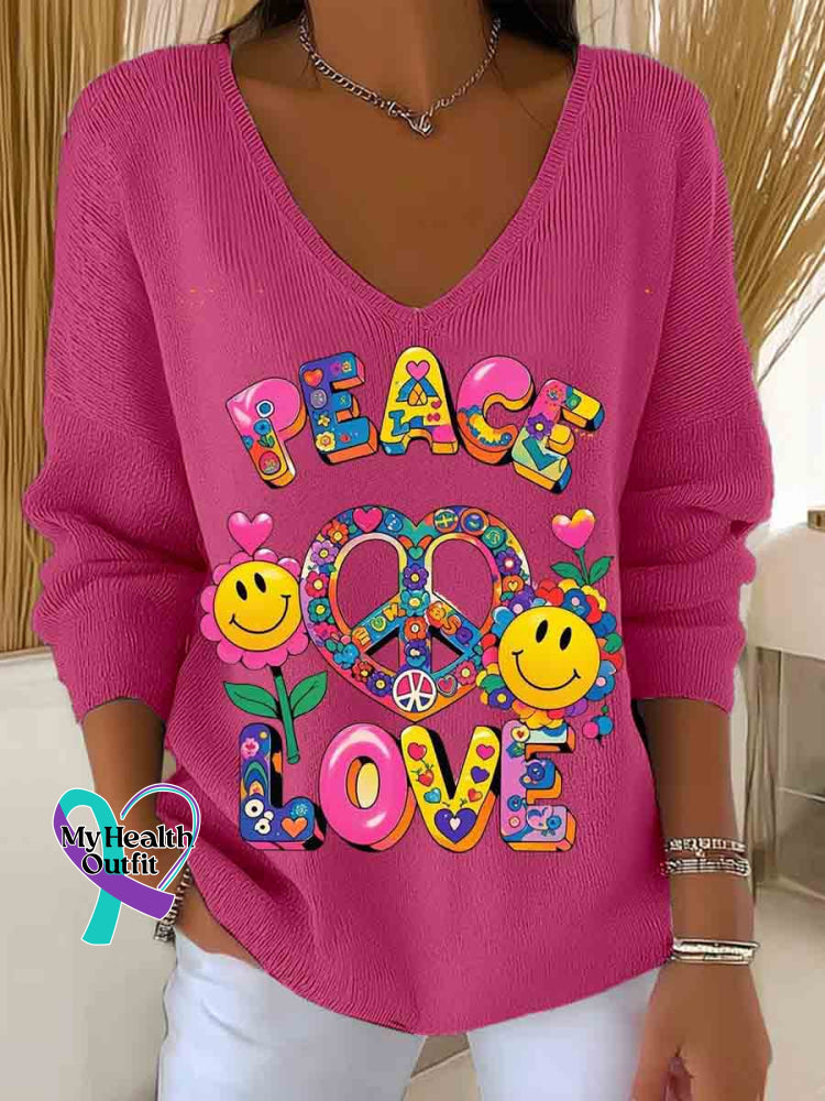 Love and Peace Art Casual Pullover Sweater Pink / S