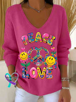 Love and Peace Art Casual Pullover Sweater Pink / S