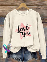 Love You Crew Neck Casual Long Sleeve Sweatshirt Beige / S