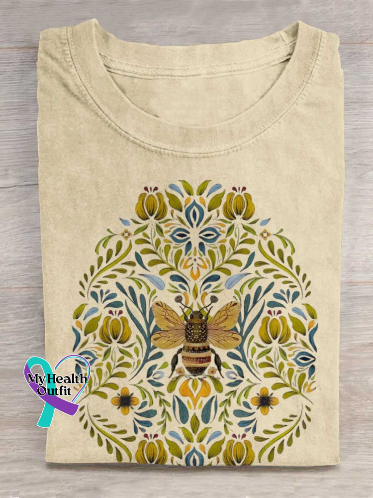Lovely Bee Art Print Casual Cotton T-shirt Apricot / S