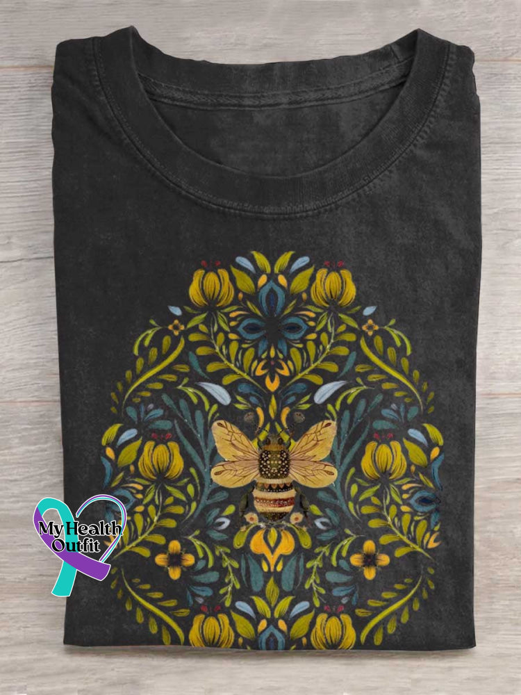 Lovely Bee Art Print Casual Cotton T-shirt Black / S