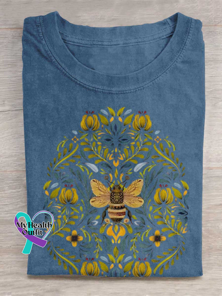 Lovely Bee Art Print Casual Cotton T-shirt Blue / S