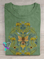 Lovely Bee Art Print Casual Cotton T-shirt Green / S