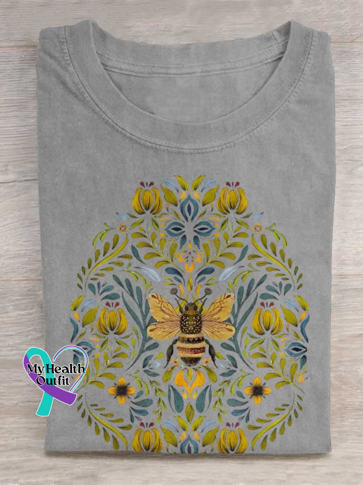 Lovely Bee Art Print Casual Cotton T-shirt Grey / S
