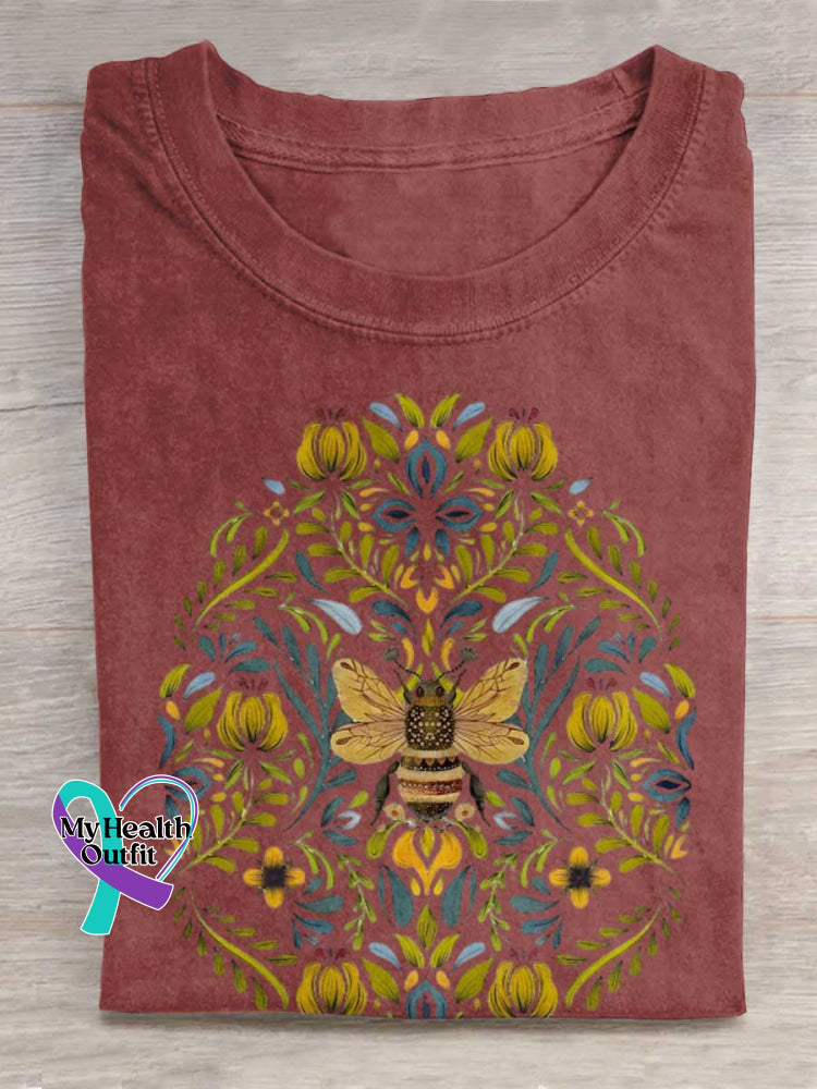 Lovely Bee Art Print Casual Cotton T-shirt Red / S