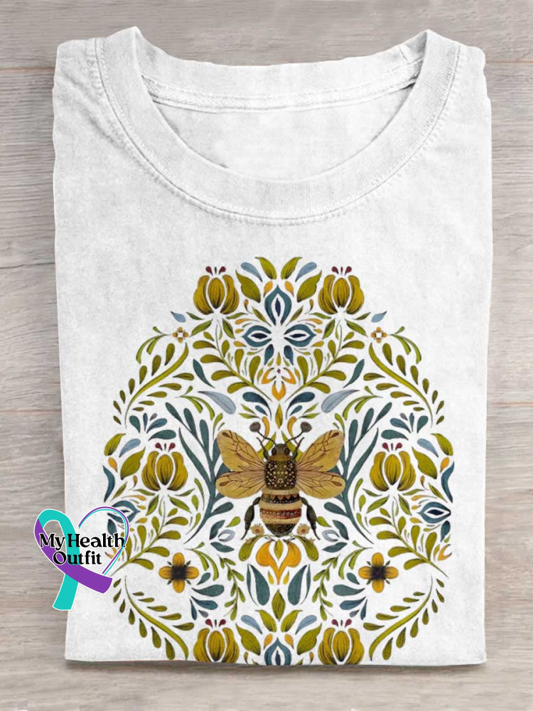 Lovely Bee Art Print Casual Cotton T-shirt White / S