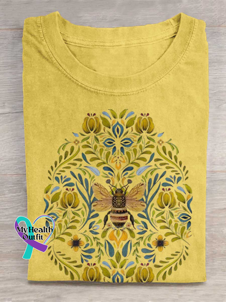 Lovely Bee Art Print Casual Cotton T-shirt Yellow / S