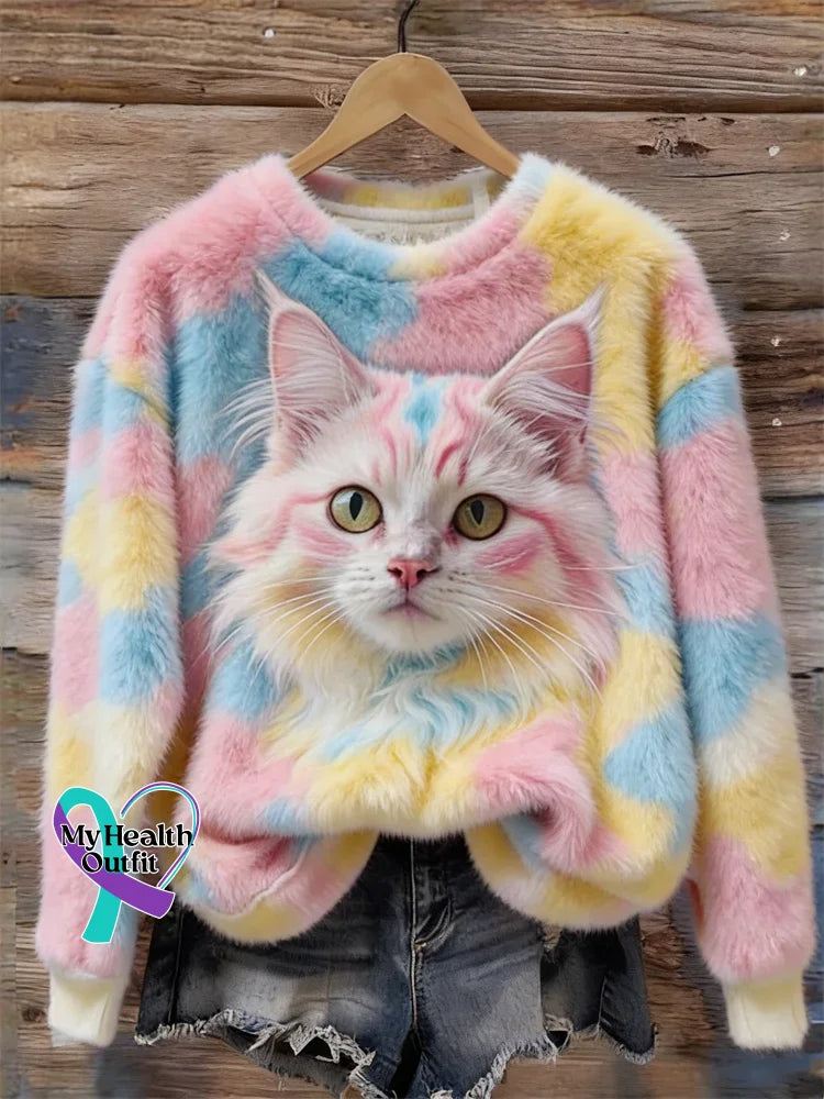 Lovely Fuzzy Colorful Cat Cozy Plush Sweatshirt Multicolor / S