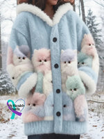 Lovely Fuzzy Colorful Cats Cozy Hooded Cardigan Blue / S