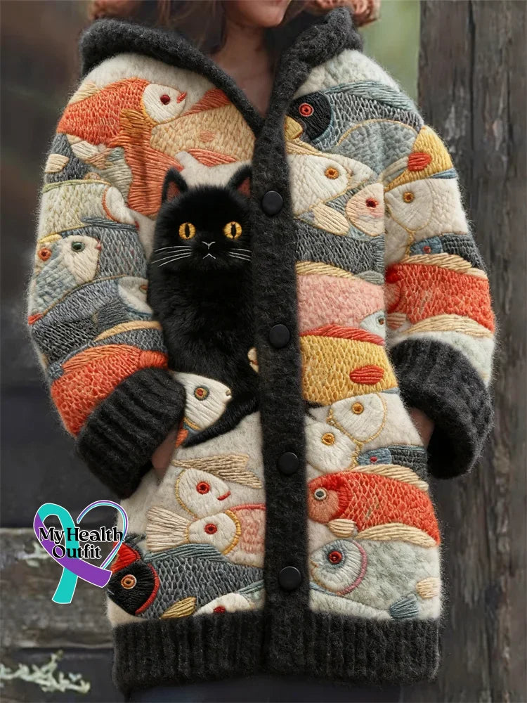 Lovely Fuzzy Colorful Cats Cozy Hooded Cardigan Multicolor / S