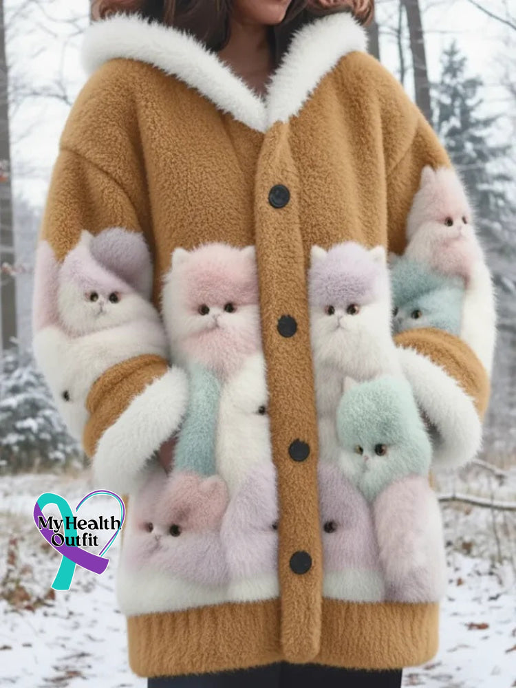 Lovely Fuzzy Colorful Cats Cozy Hooded Cardigan Orange / S