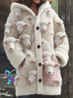 Lovely Fuzzy Colorful Sheep Cozy Hooded Cardigan White / S