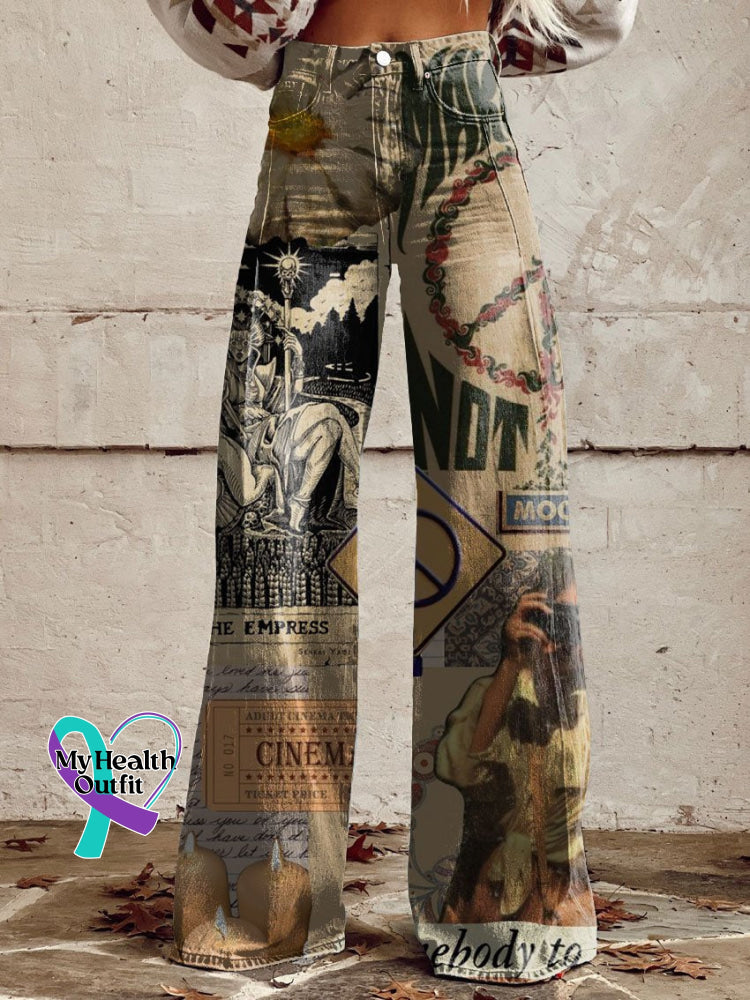 Make Love Retro Hippie Print Casual Wide Leg Pants Multicolor / Xs