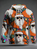 Men’s Retro Groovy Hippie Santa Print Casual Hooded Sweatshirt