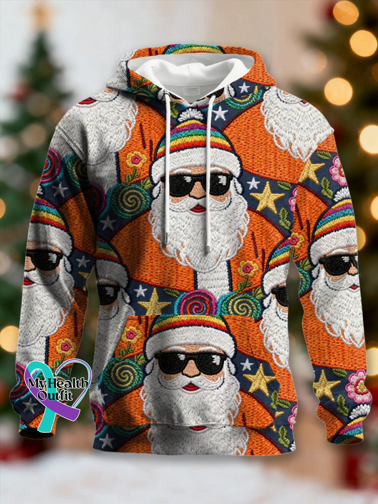 Men’s Retro Groovy Hippie Santa Print Casual Hooded Sweatshirt As shown / S
