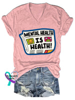 Mental Health Is Health Newspaper Print Casual V-Neck Short Sleeve T-Shirt Pink / S