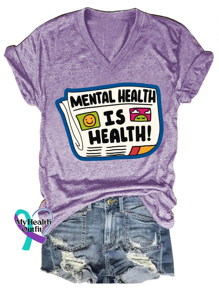 Mental Health Is Health Newspaper Print Casual V-Neck Short Sleeve T-Shirt Purple / S