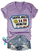 Mental Health Is Health Newspaper Print Casual V-Neck Short Sleeve T-Shirt Purple / S