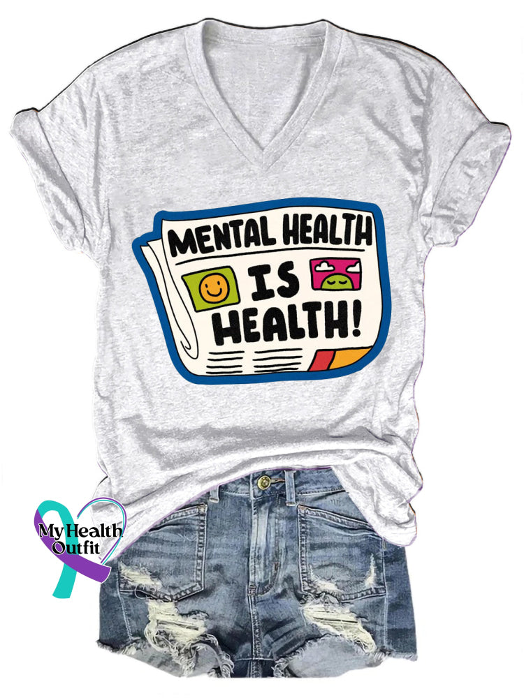 Mental Health Is Health Newspaper Print Casual V-Neck Short Sleeve T-Shirt White / S