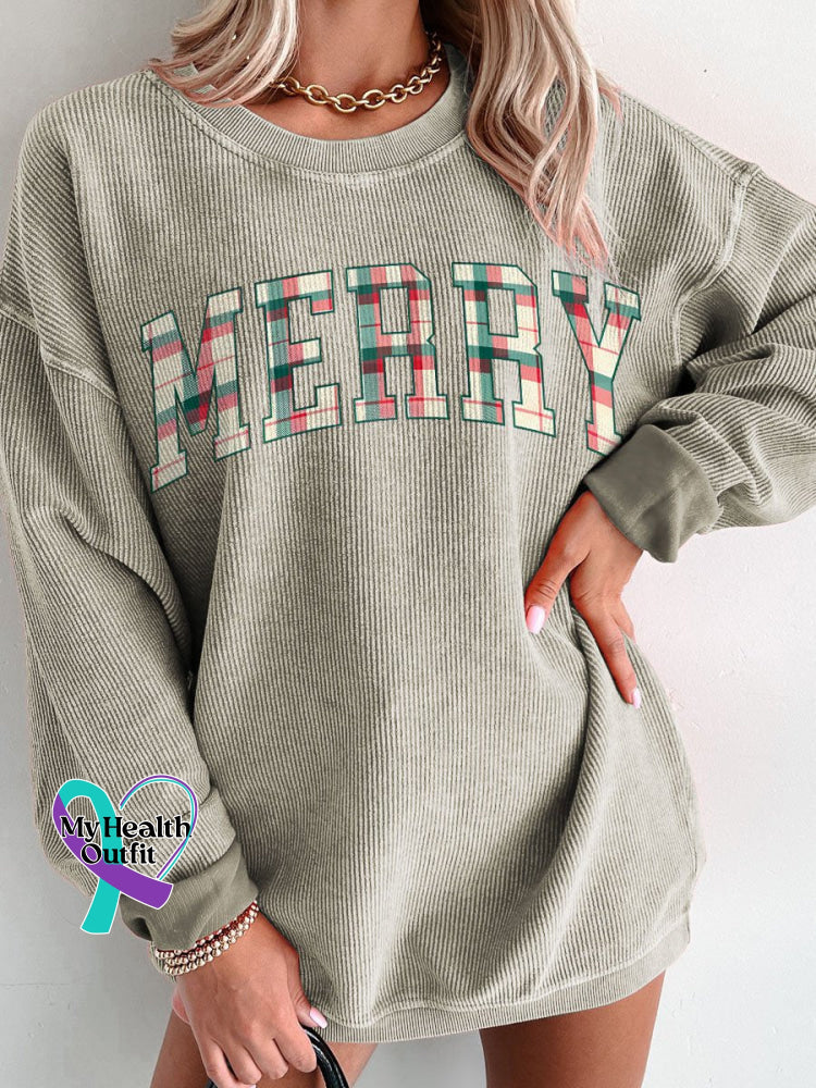 Merry Christmas Plaid Women’s Casual Print Corduroy Sweatshirt Brown / S