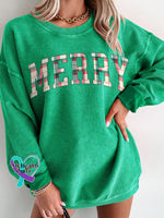 Merry Christmas Plaid Women’s Casual Print Corduroy Sweatshirt Green / S