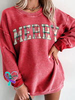 Merry Christmas Plaid Women’s Casual Print Corduroy Sweatshirt Red / S