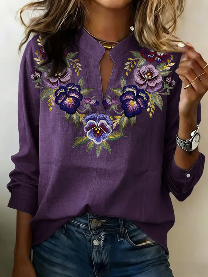 Women's Casual Purple Floral Cotton Linen Shirt