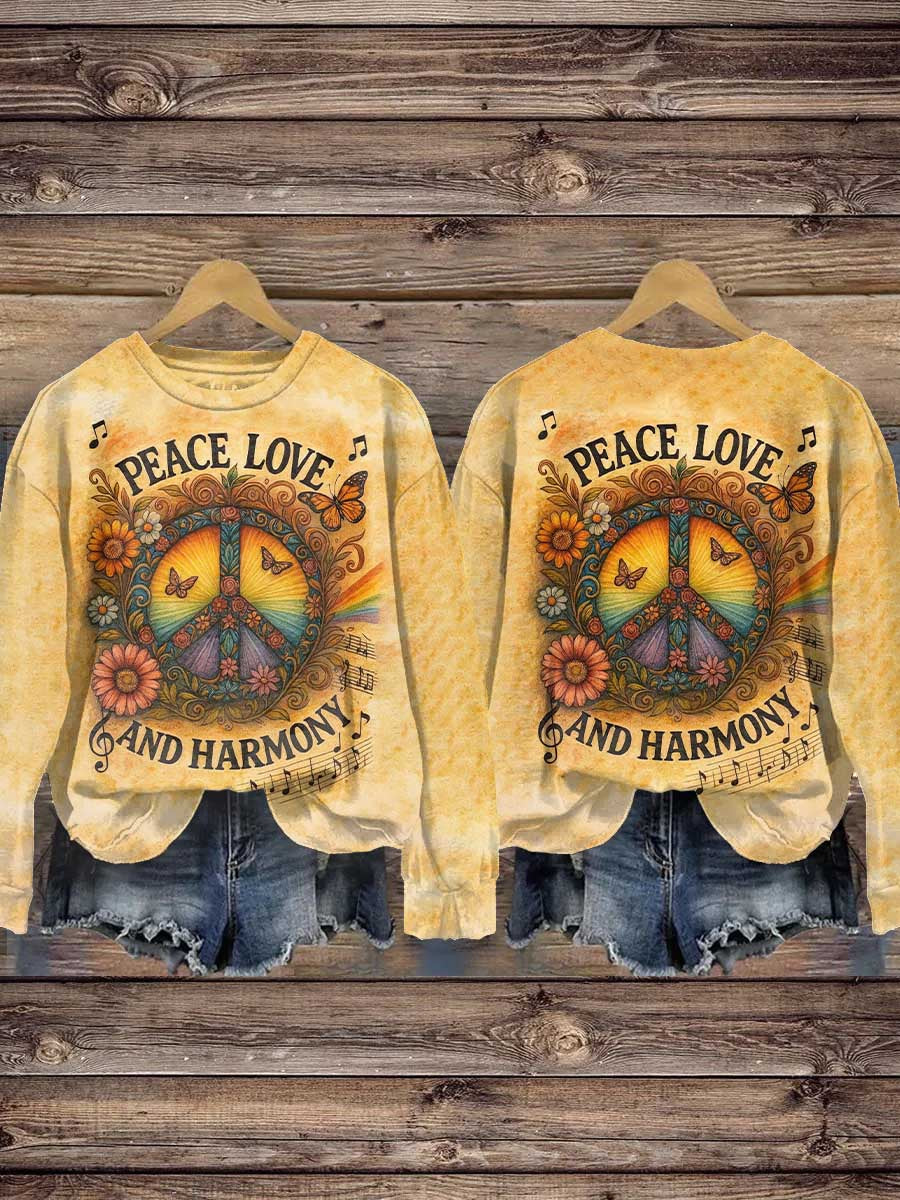 Retro Peace Love And Harmony Peace Sign Hippie Art Print Casual Sweatshirt