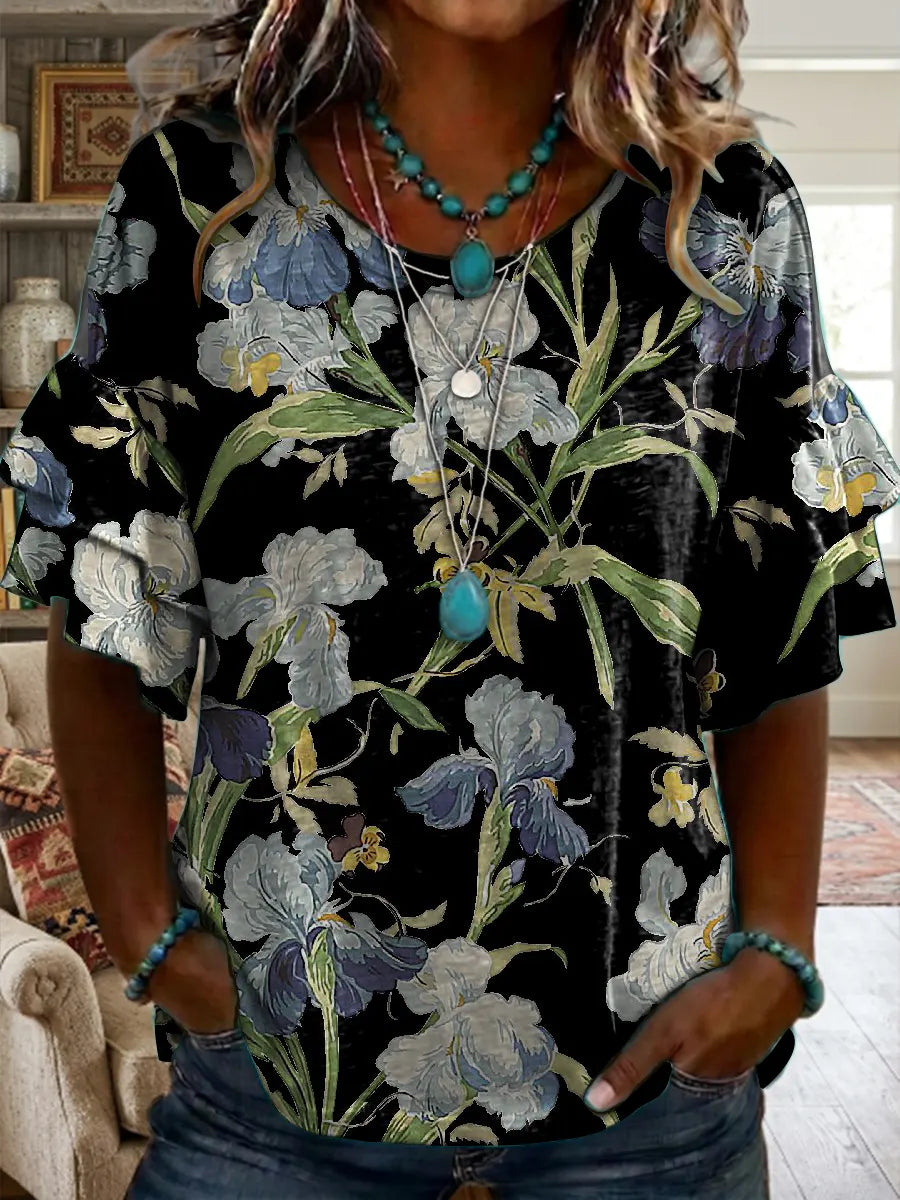 Vintage Flower Print Casual Shrit, Healing Shirt