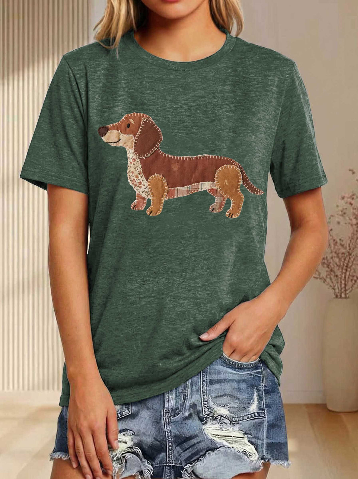 Faux Patchwork Dachshun Print T-shirt