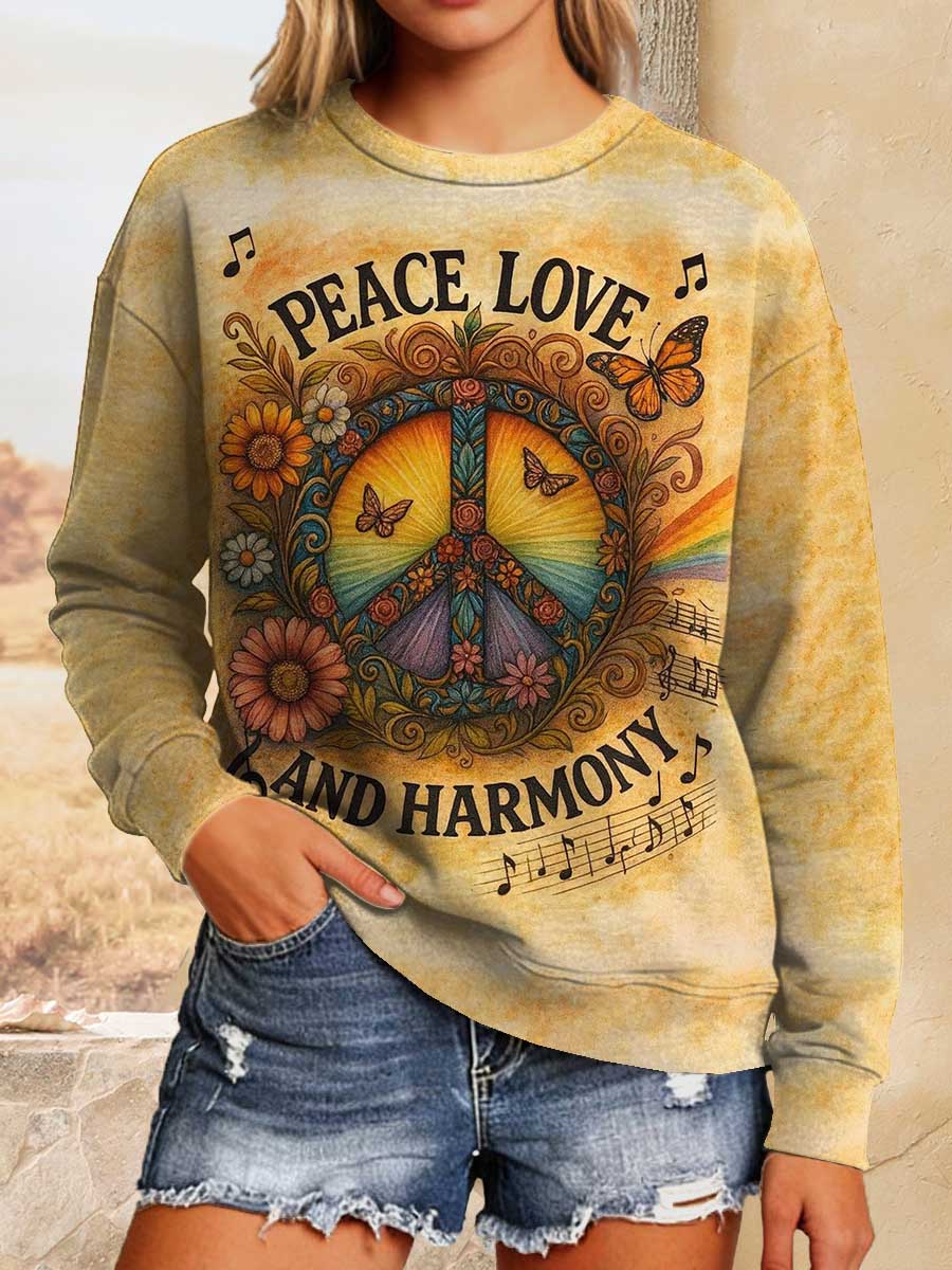 Retro Peace Love And Harmony Peace Sign Hippie Art Print Casual Sweatshirt
