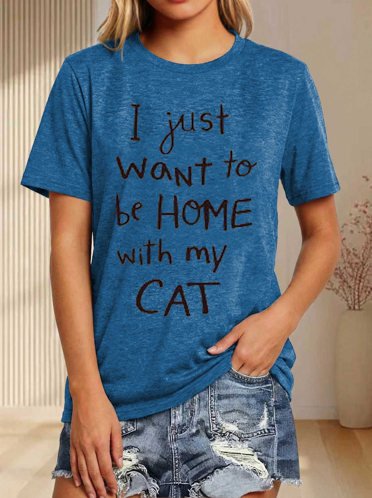 I Just Want To Be Home With My Cat Print T-shirt
