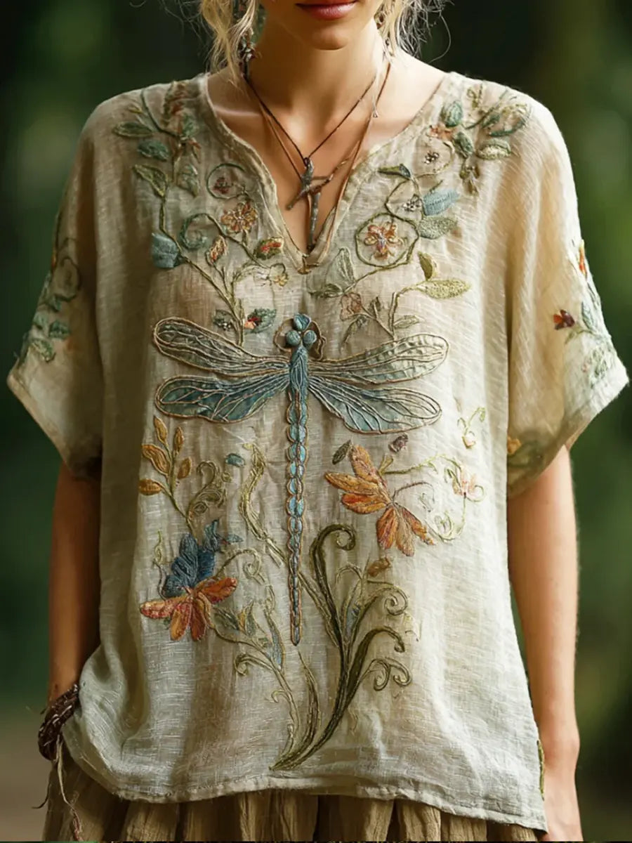 Women's Retro Dragonfly Floral Art Print Casual Cotton Shirt